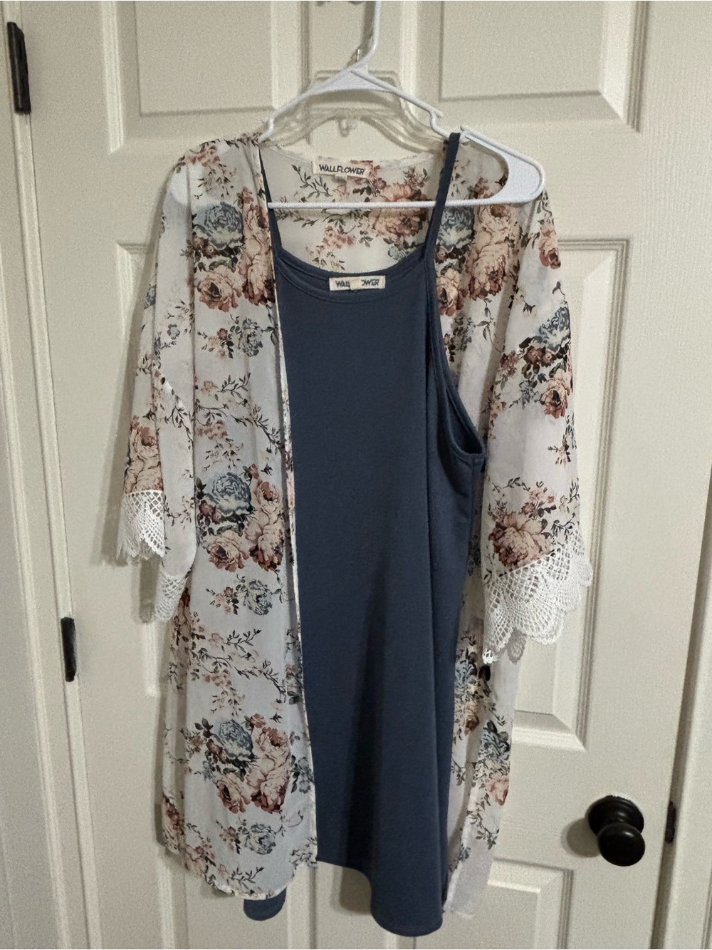 Wallflower Blue Slip Dress with Floral Lace Kimono Cover-Up